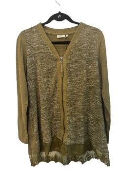 LOGO by Lori Goldstein olive green zip-front trapeze cardigan size S